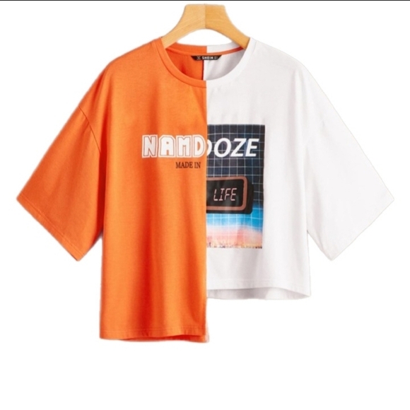 Y2K Skater Hiphop Graphic Tee Color Block Asymmetrical Oversize XS Orange White - Picture 2 of 10
